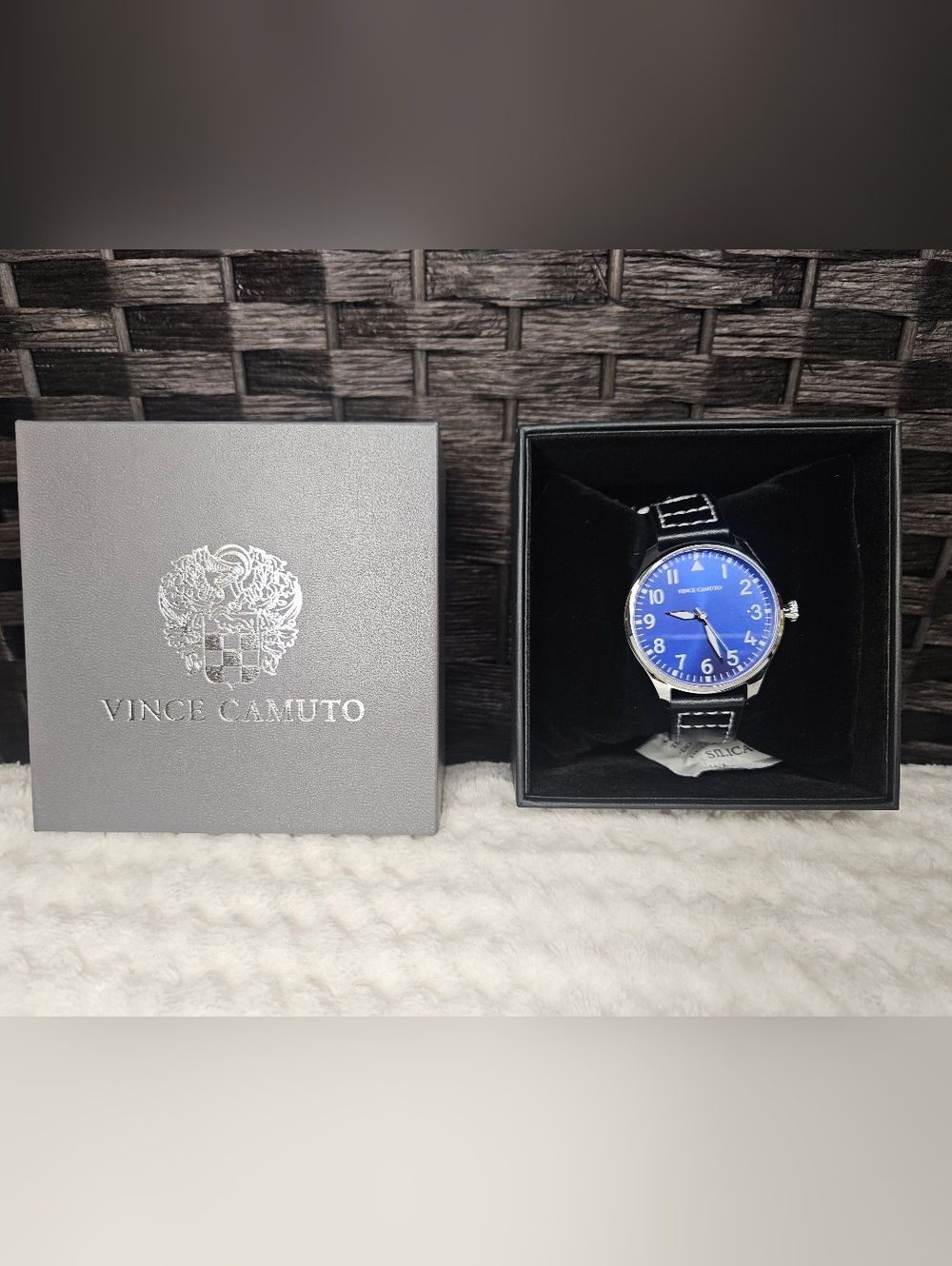 Vince Camuto Men's Bright Blue Dial Black Leather Strap Watch